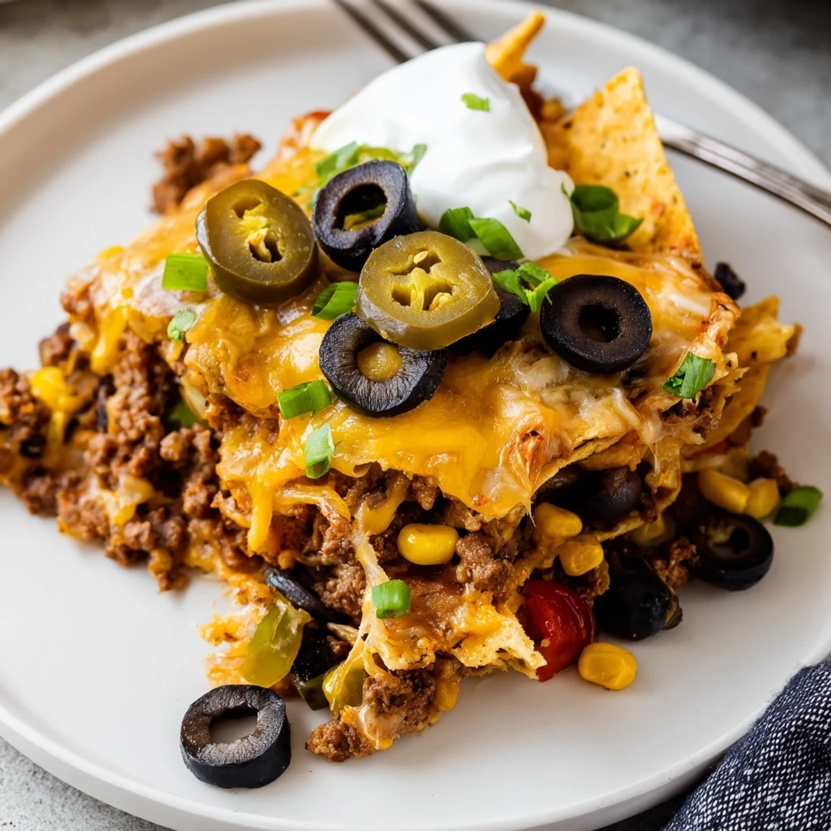 Sizzling Cheesy Nacho Casserole straight from oven, crispy chips and jalapeños