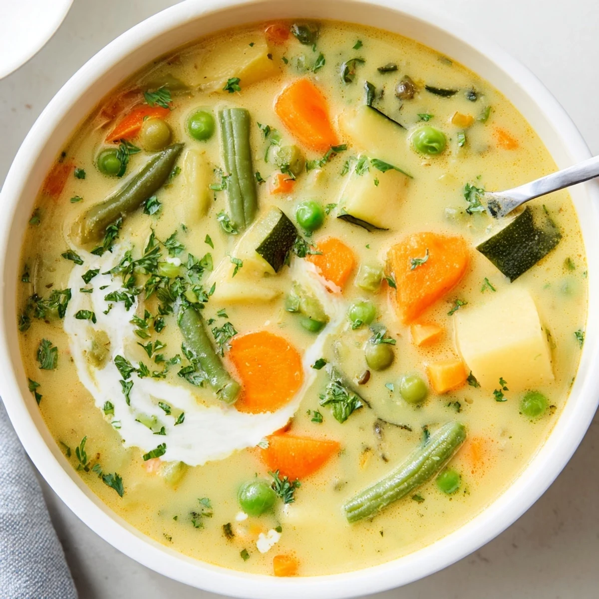 Creamy Vegetable Soup Recipe steaming in a bowl, velvety texture, fresh herbs  