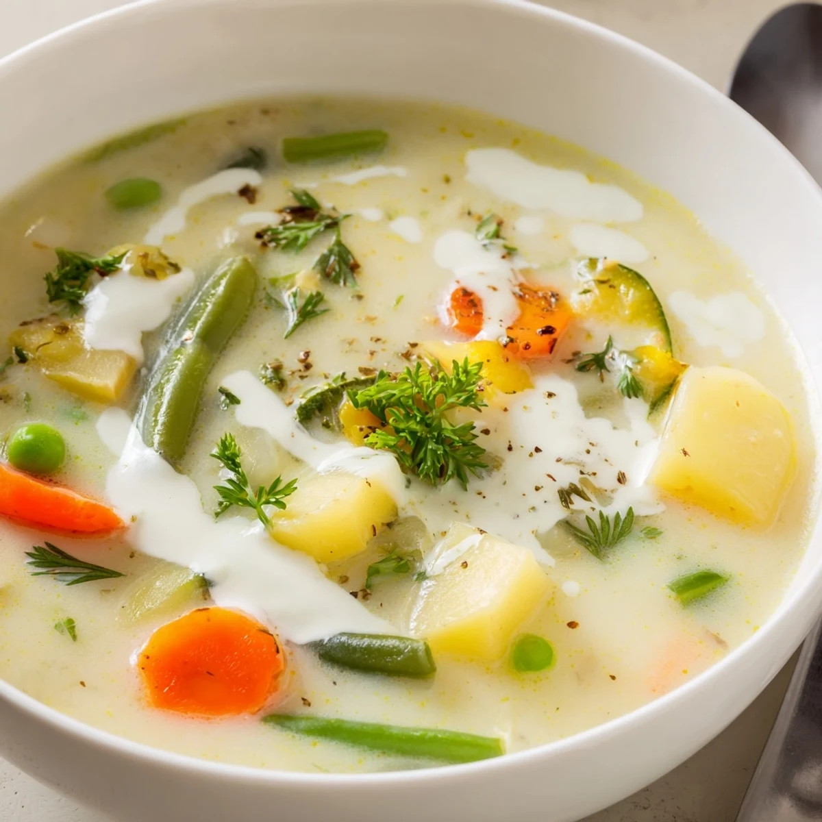 Warm Creamy Vegetable Soup Recipe ladled with cream, carrots and parsley garnish  