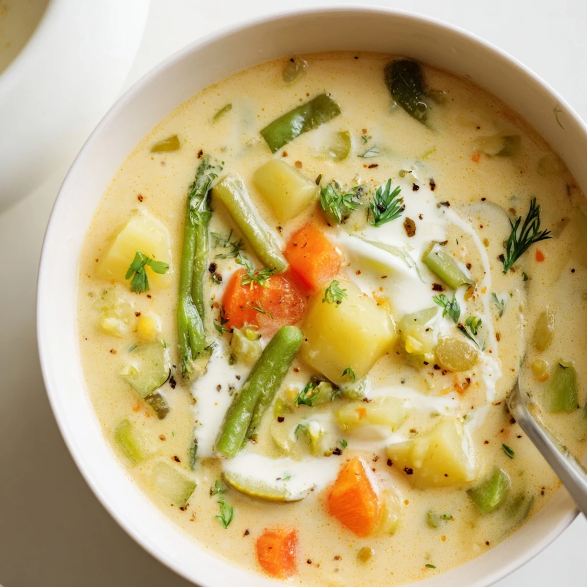 Weeknight Creamy Vegetable Soup Recipe fragrant with garlic, served alongside crusty bread