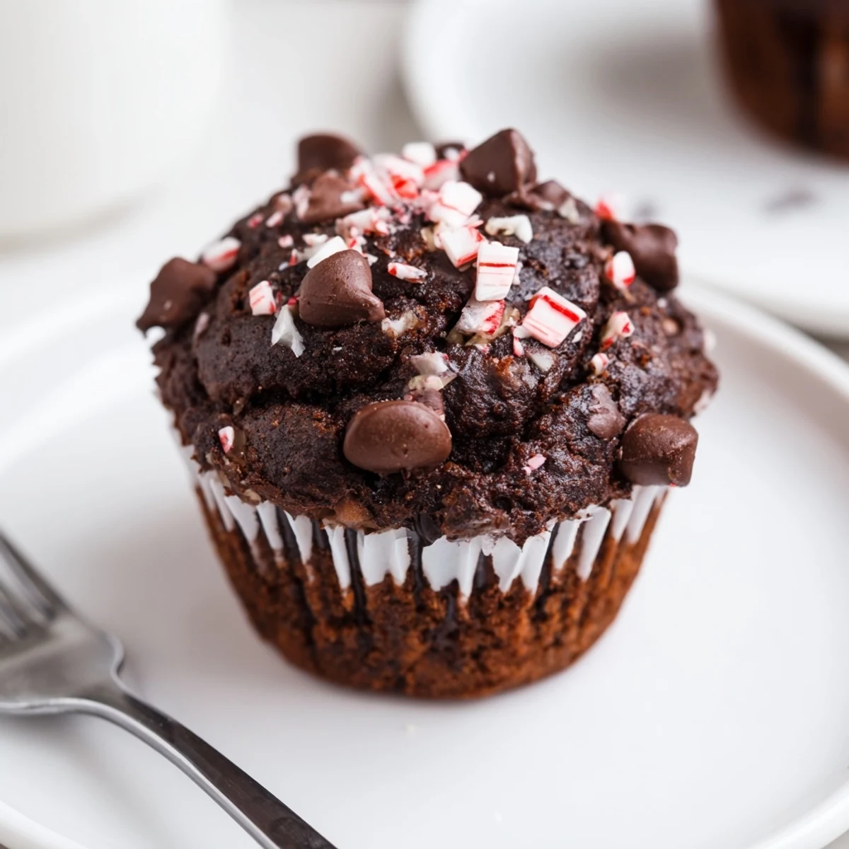 Plate of Peppermint Hot Chocolate Muffins topped with crushed peppermint, soft crumbs  