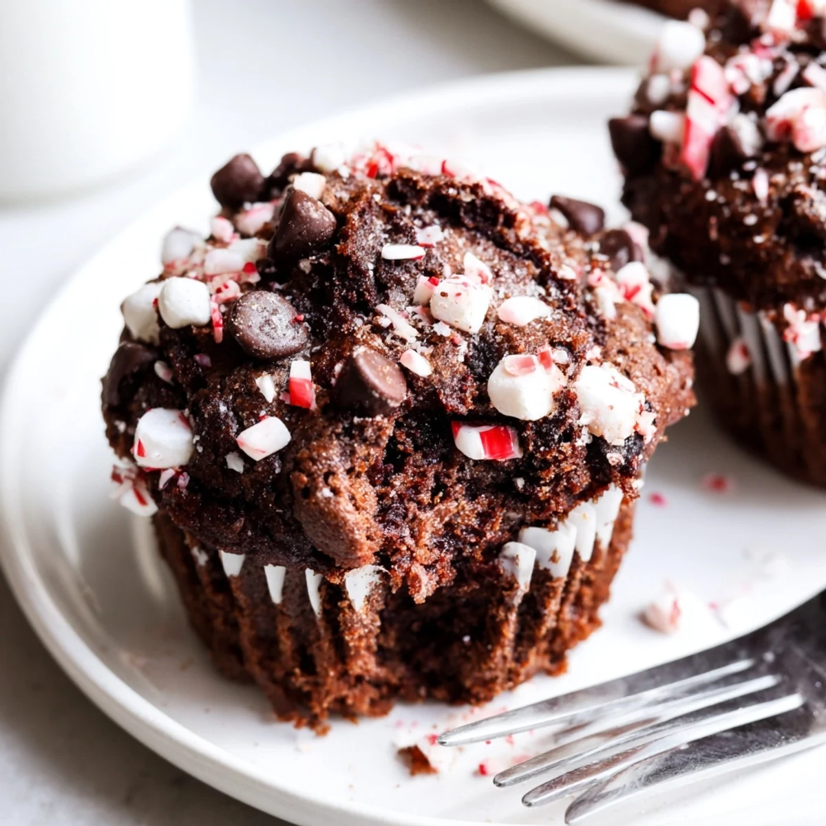 Oven-warm Peppermint Hot Chocolate Muffins served with whipped cream swirl