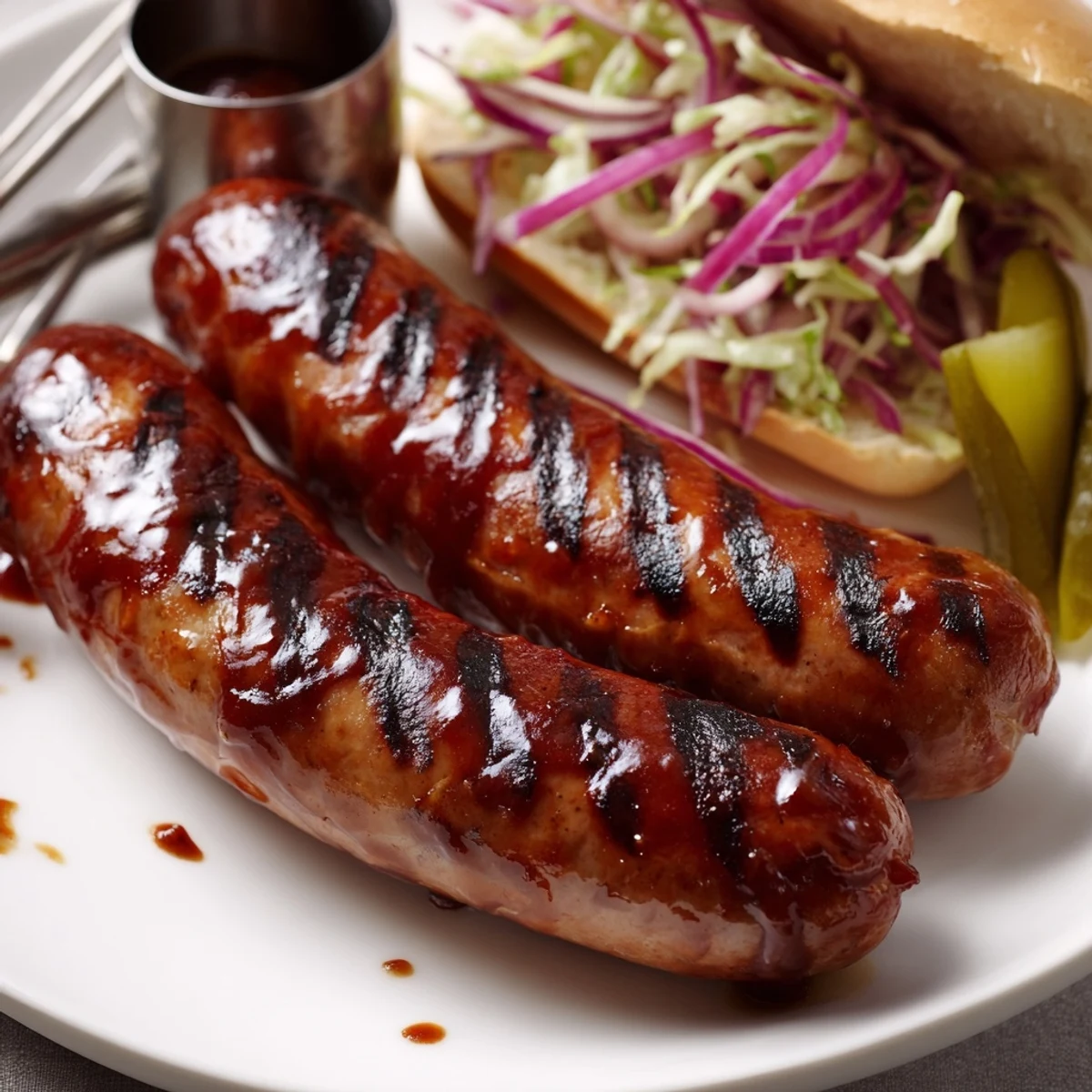 BBQ Sausage Recipe: glossy, caramelized links with charred grill marks and steam