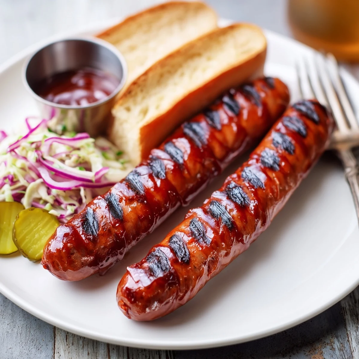 Grilled BBQ Sausage Recipe served in buns with pickles and smoky aroma