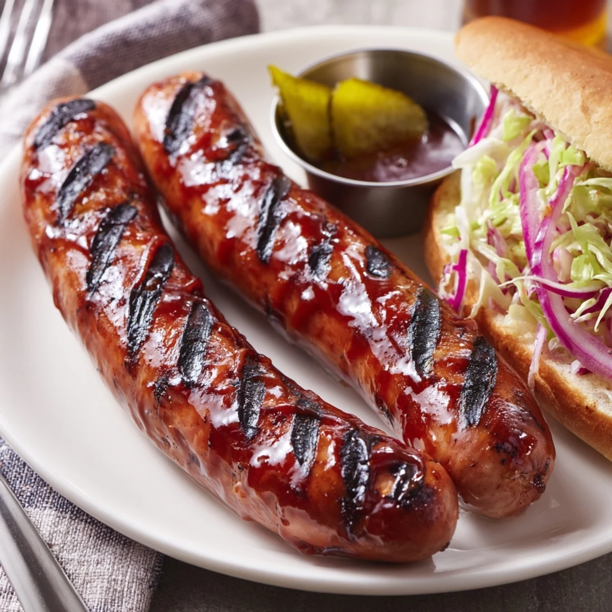 Family-style BBQ Sausage Recipe brushed with tangy sauce, sizzling on the grill