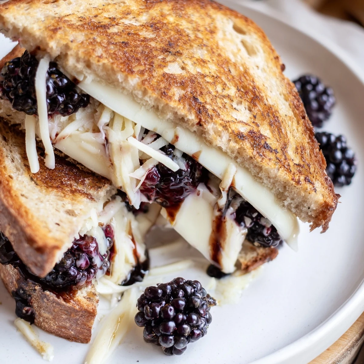 Balsamic Blackberry Bliss Grilled Cheese oozing melted brie, golden crust, juicy blackberries.