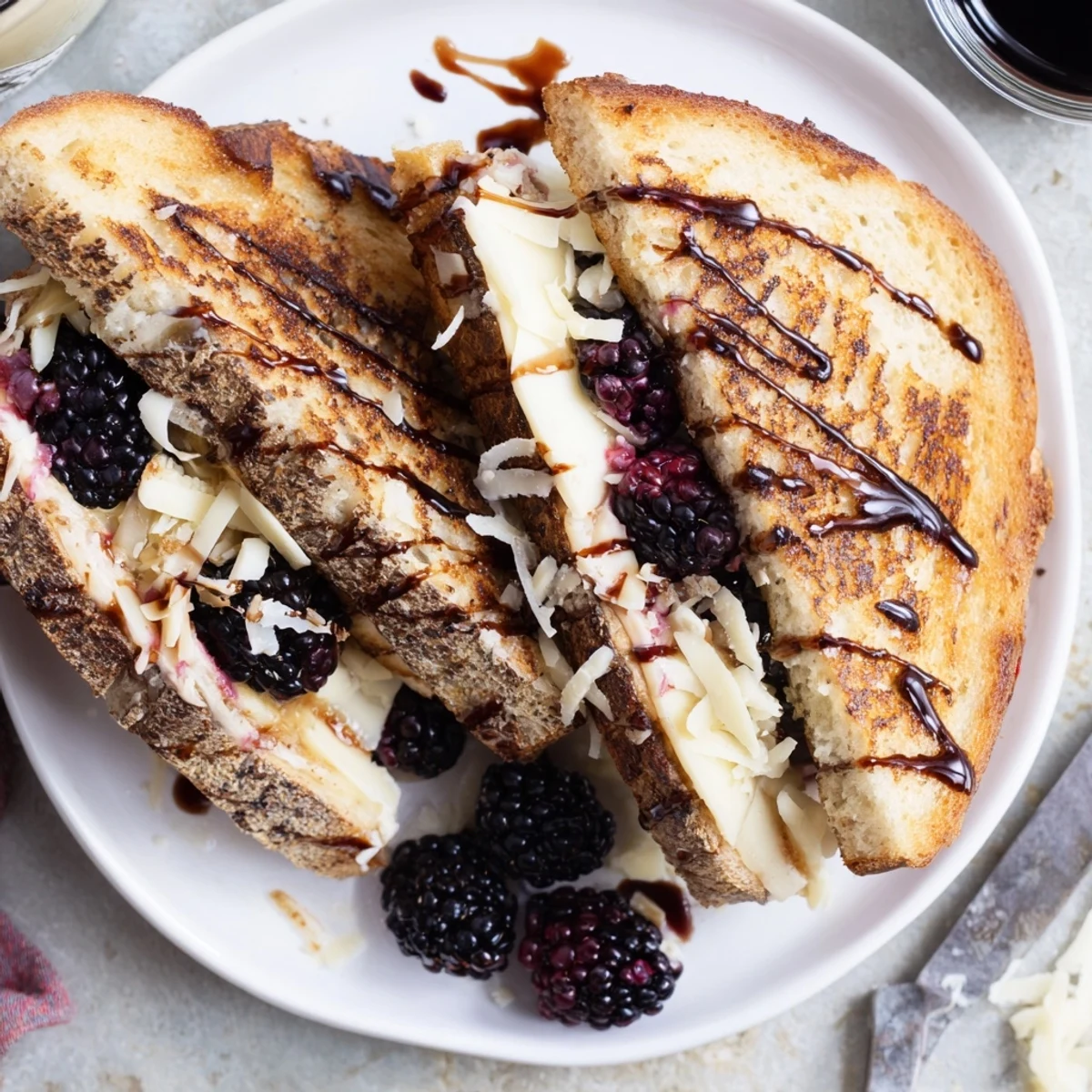 Toasted Balsamic Blackberry Bliss Grilled Cheese sliced on wooden board, balsamic drizzle.