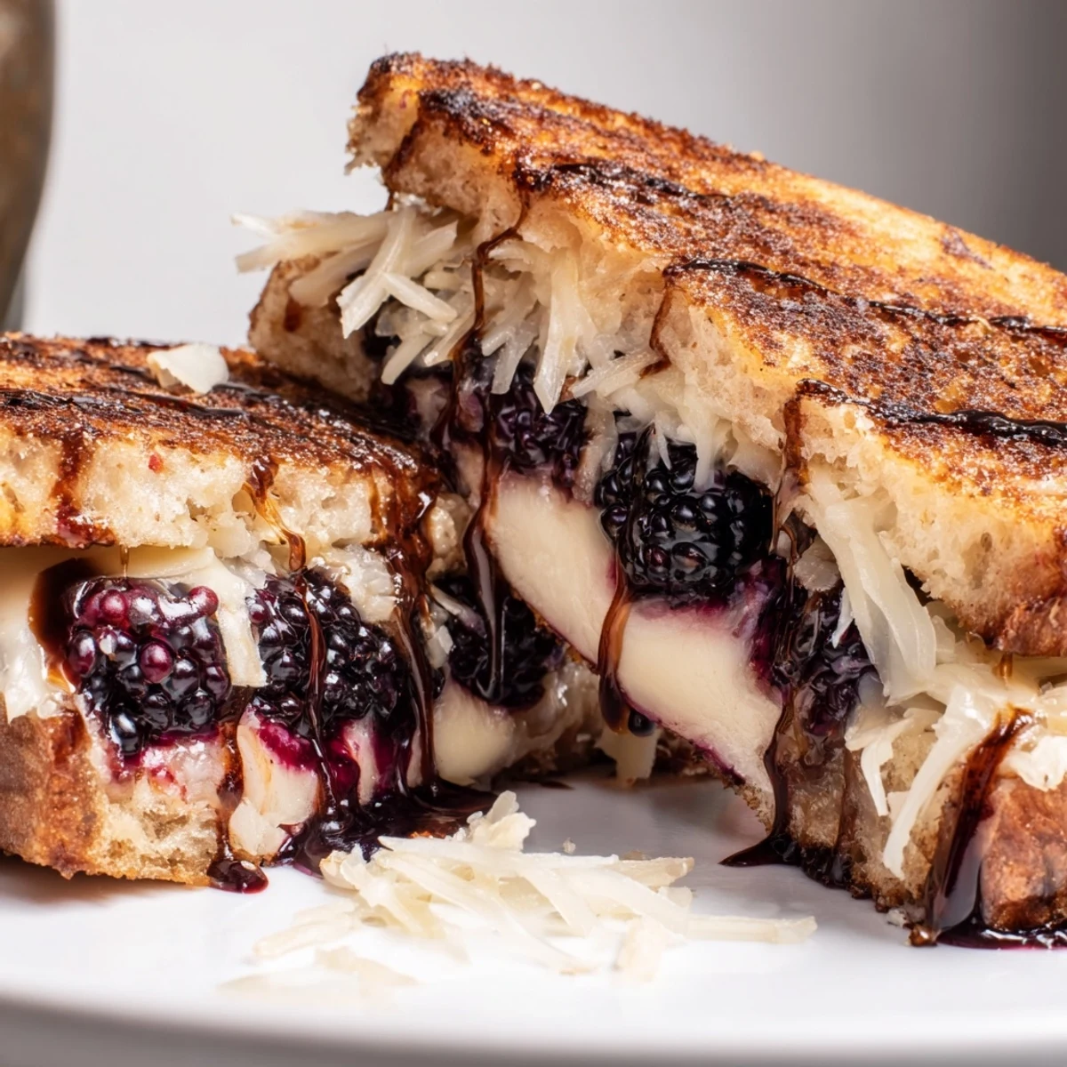Warm Balsamic Blackberry Bliss Grilled Cheese paired with basil, ready to serve.