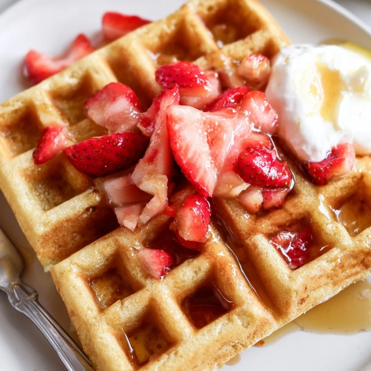 Strawberry Waffles Recipe: golden, fluffy waffles studded with diced strawberries and syrup