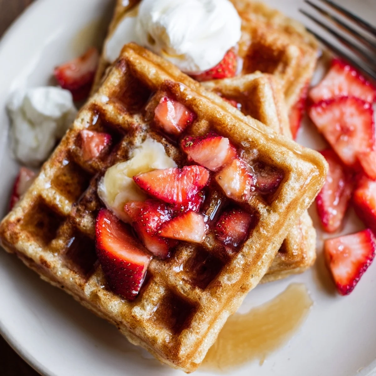 Homestyle Strawberry Waffles Recipe on a white plate, steam and fork nearby
