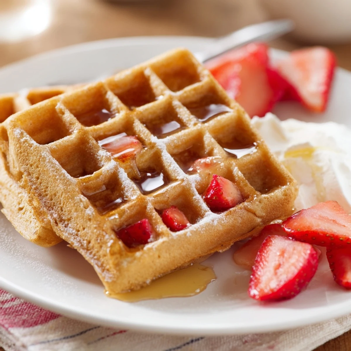 Warm Strawberry Waffles Recipe served with melting whipped cream and maple syrup