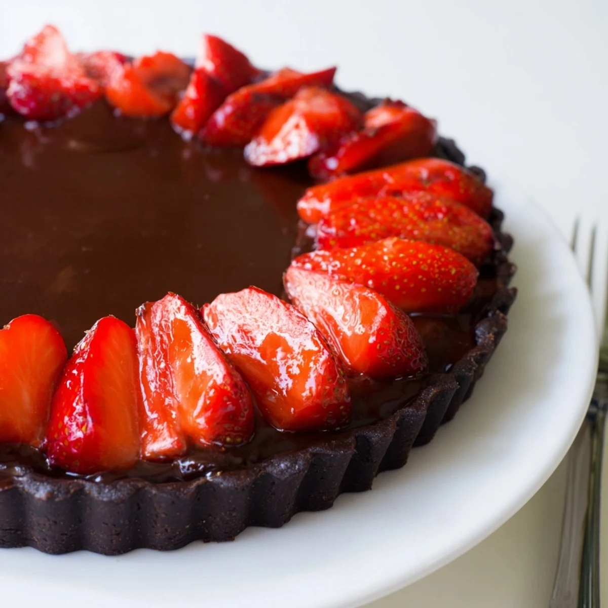 Dark Chocolate Strawberry Tart with glossy ganache, halved berries, served chilled.