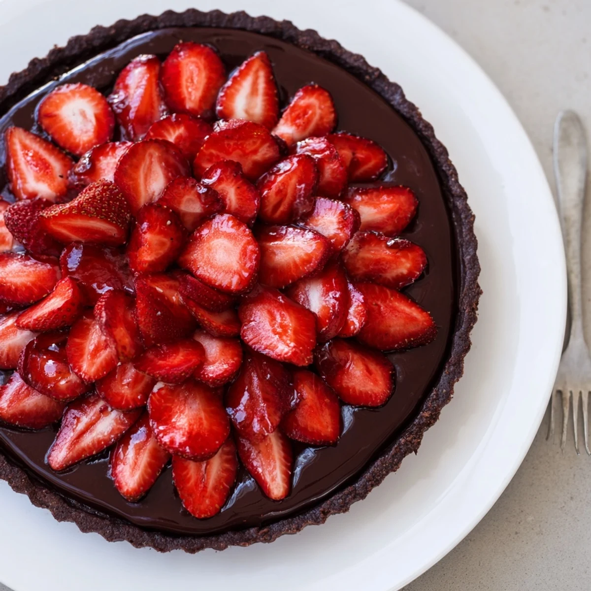 Velvety Dark Chocolate Strawberry Tart slice resting on a white plate with fork.