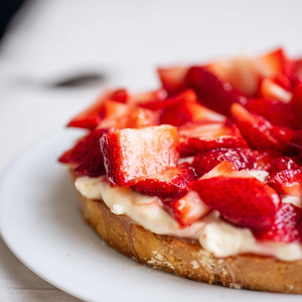 Sliced Tarte aux Fraises resting on chilled tart pan, apricot glaze gleaming