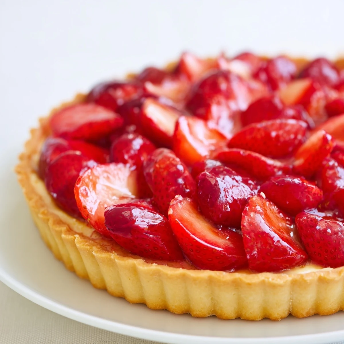 Homemade Tarte aux Fraises topped with vanilla pastry cream, served with tea