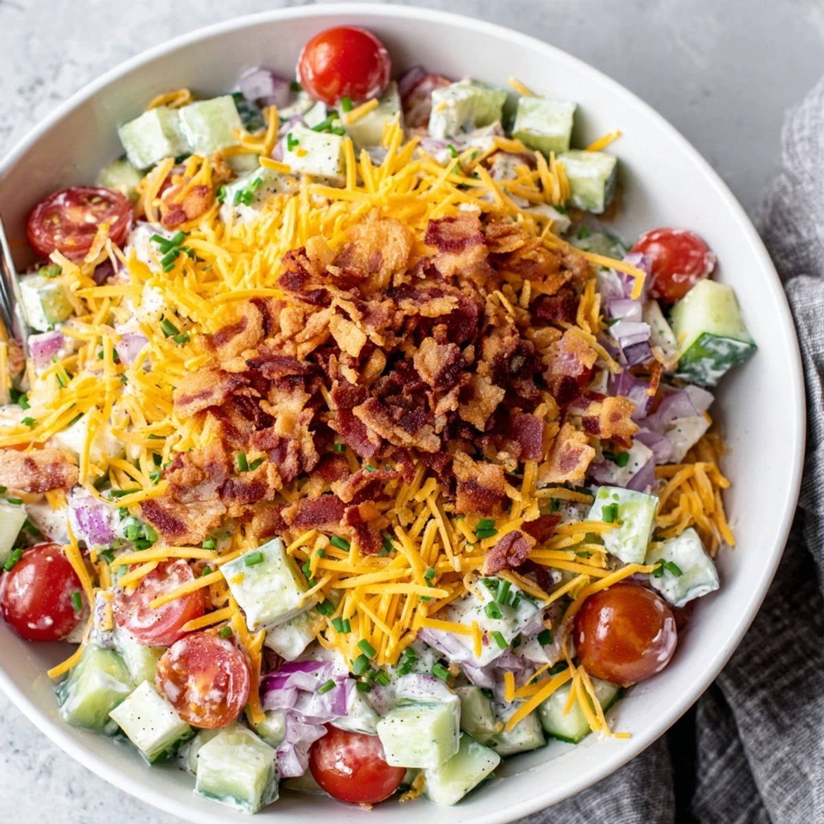 Cucumber Ranch Crack Salad piled in bowl, creamy ranch and crunchy chips  