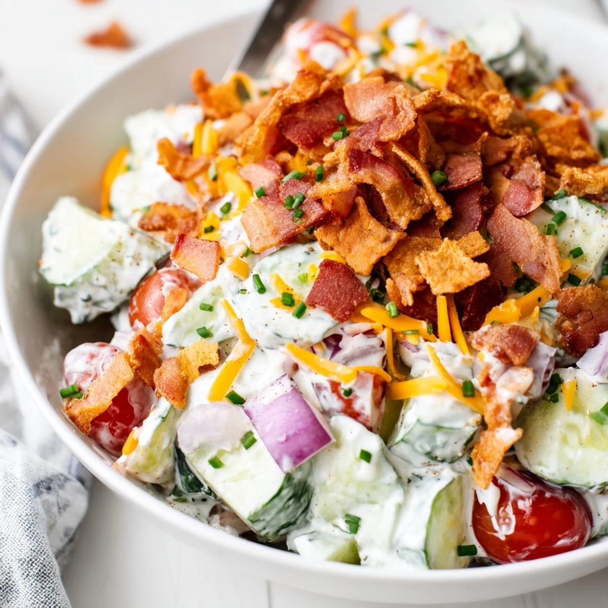 Picnic-ready Cucumber Ranch Crack Salad glistening with dressing, crisp cucumbers, crumbled bacon