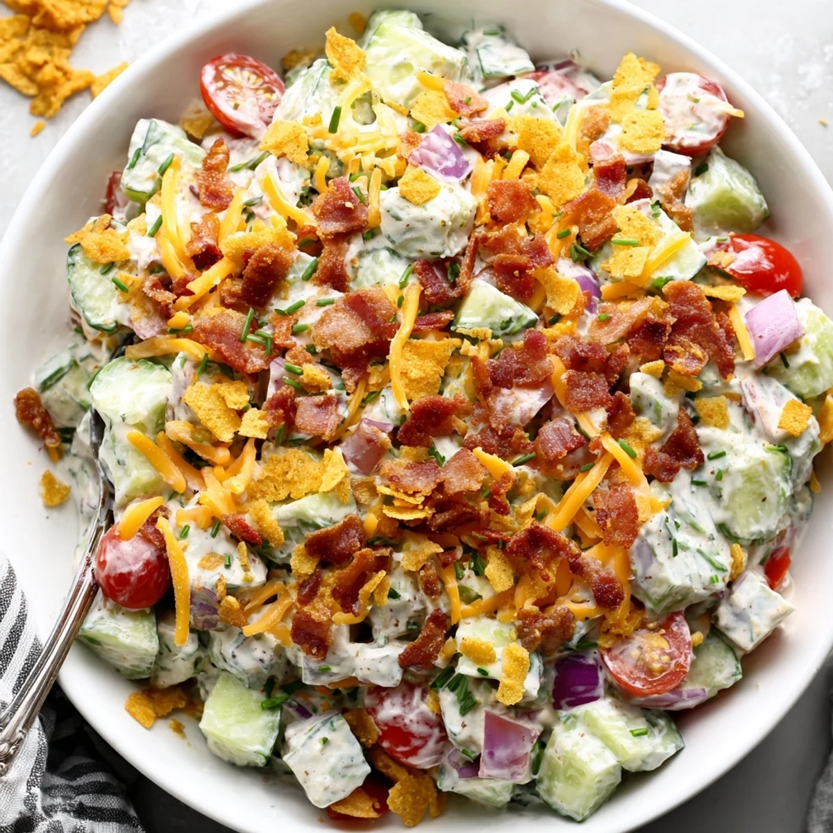 Creamy Cucumber Ranch Crack Salad with smoky bacon, cheddar, and chive garnish  