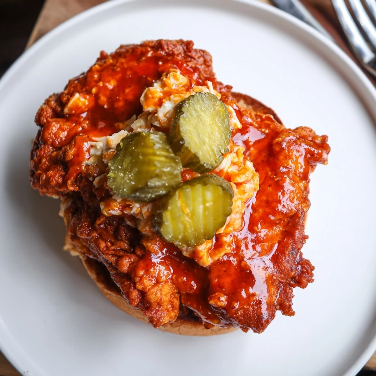 Warm brioche holding Spicy Nashville Hot Chicken Sandwiches Recipe To Savor, creamy slaw