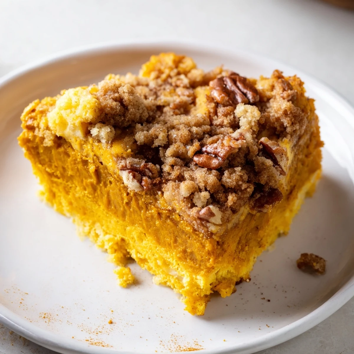 Slice of Pumpkin Dump Cake showing creamy pumpkin layer, buttery crumb, pecans
