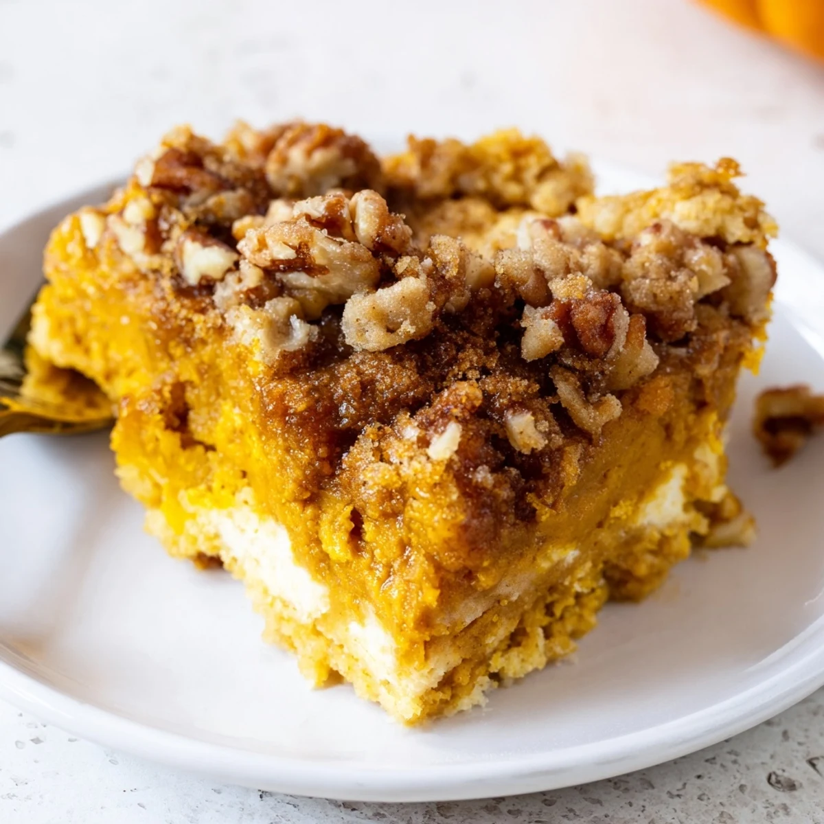 Warm Pumpkin Dump Cake served with melting vanilla ice cream and spice