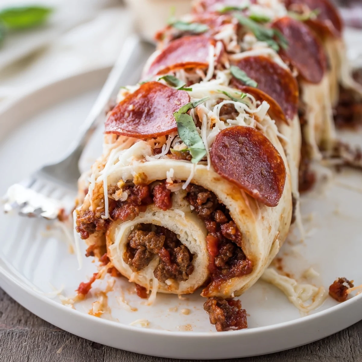 Cheesy Beef Pepperoni Pizza Roll Ups Snack Recipe with golden, bubbling melted cheese