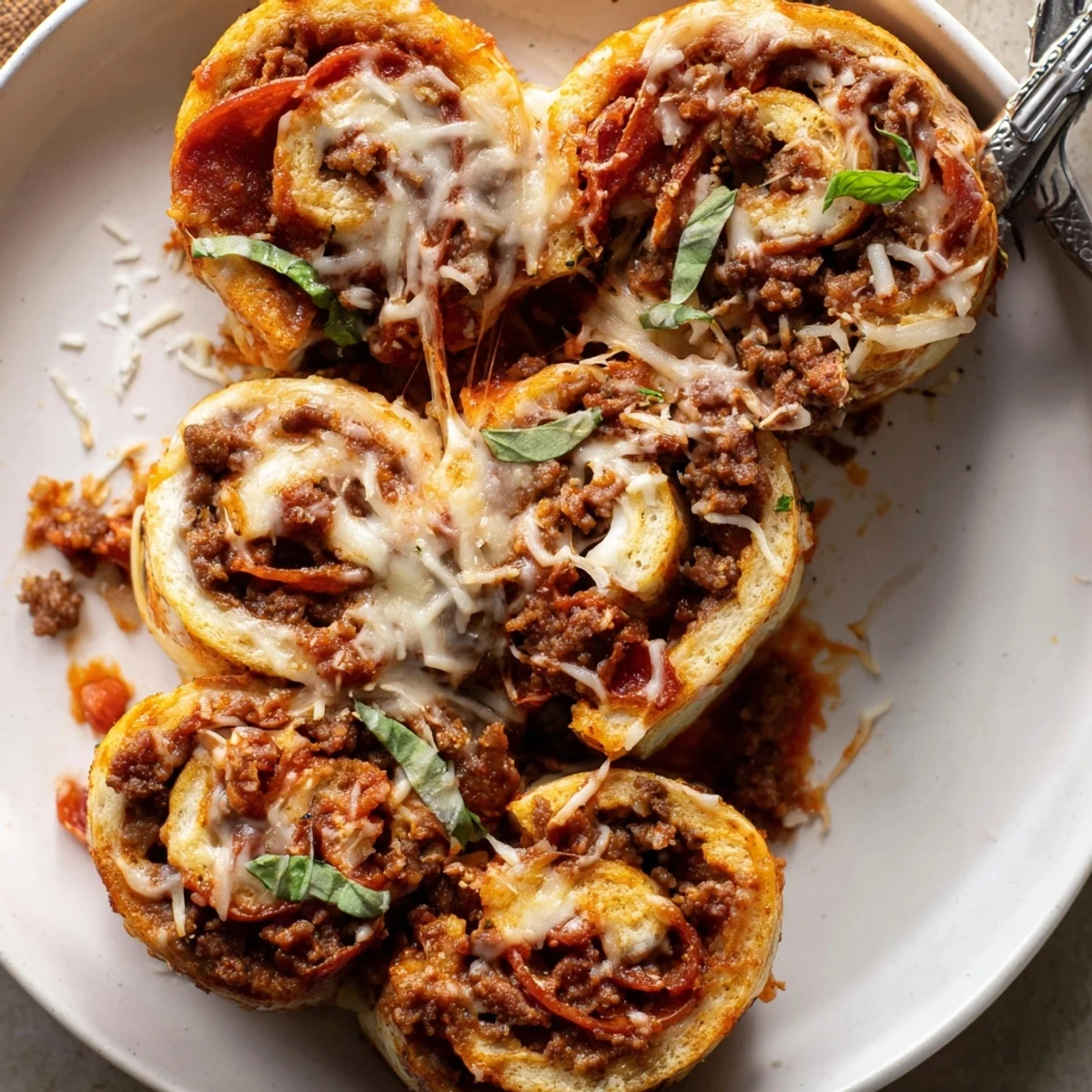 Warm Cheesy Beef Pepperoni Pizza Roll Ups Snack Recipe sliced, served with marinara dip