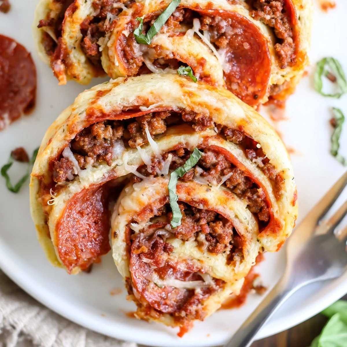 Crispy Cheesy Beef Pepperoni Pizza Roll Ups Snack Recipe, fragrant basil garnish