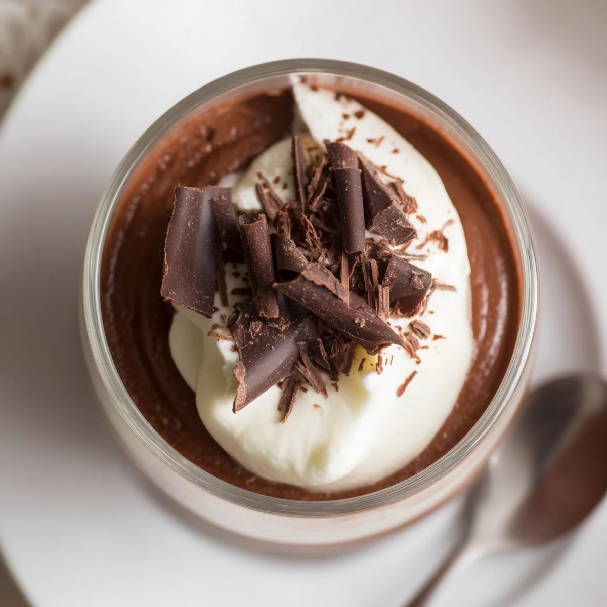 Triple Chocolate Mousse Cups layered in glass, creamy dark milk white mousses.