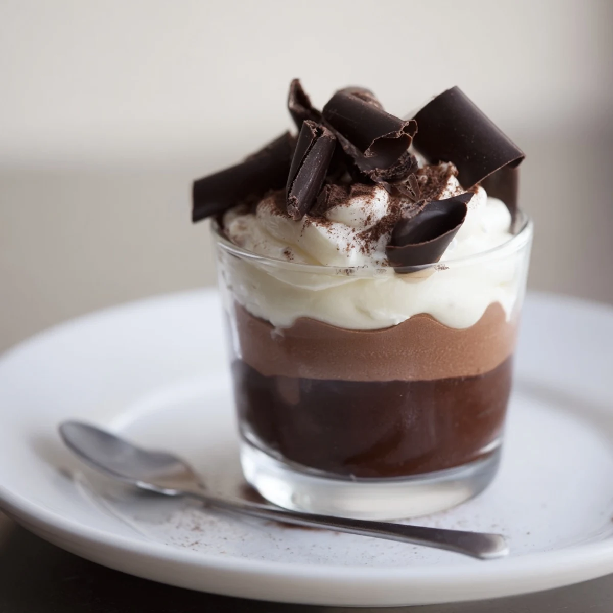 Chilled Triple Chocolate Mousse Cups topped with shaved chocolate, ready to spoon.