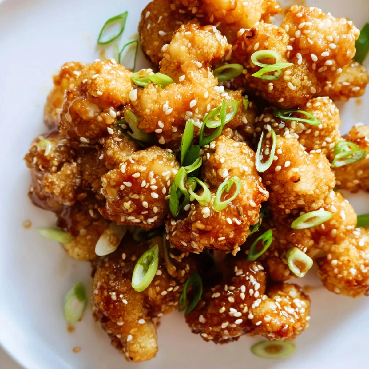 Golden crispy sticky honey garlic cauliflower coated in glossy sweet savory sauce with sesame seed garnish