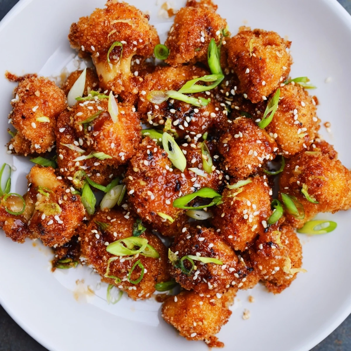 Baked sticky honey garlic cauliflower florets tossed in honey garlic glaze and topped with fresh green onions