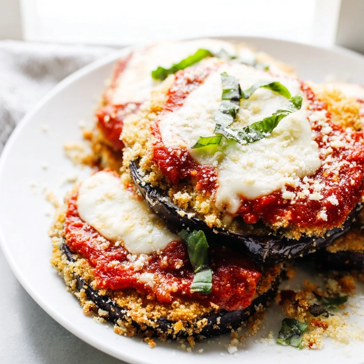 Crispy breaded eggplant parmesan slices stacked with rich tomato sauce and gooey cheese topping