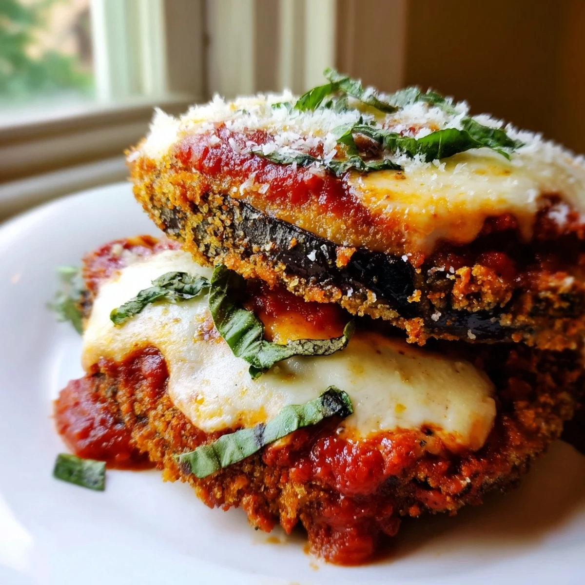 Homemade eggplant parmesan casserole with golden brown crust fresh from the oven garnished with basil