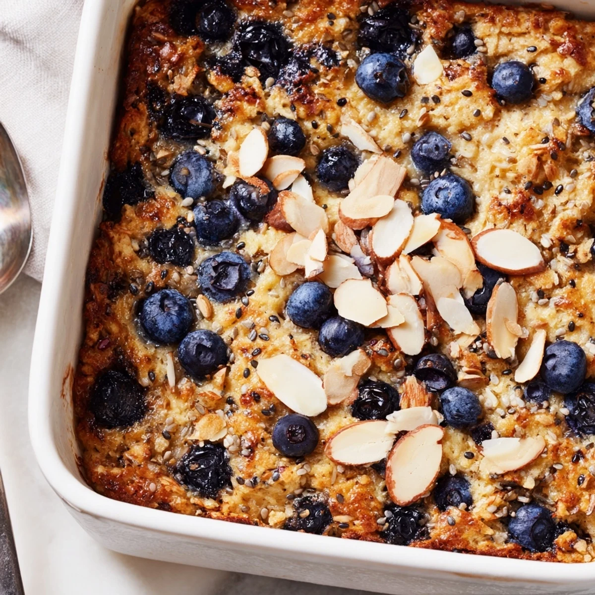 Golden high protein lemon blueberry breakfast bake topped with fresh berries and sliced almonds