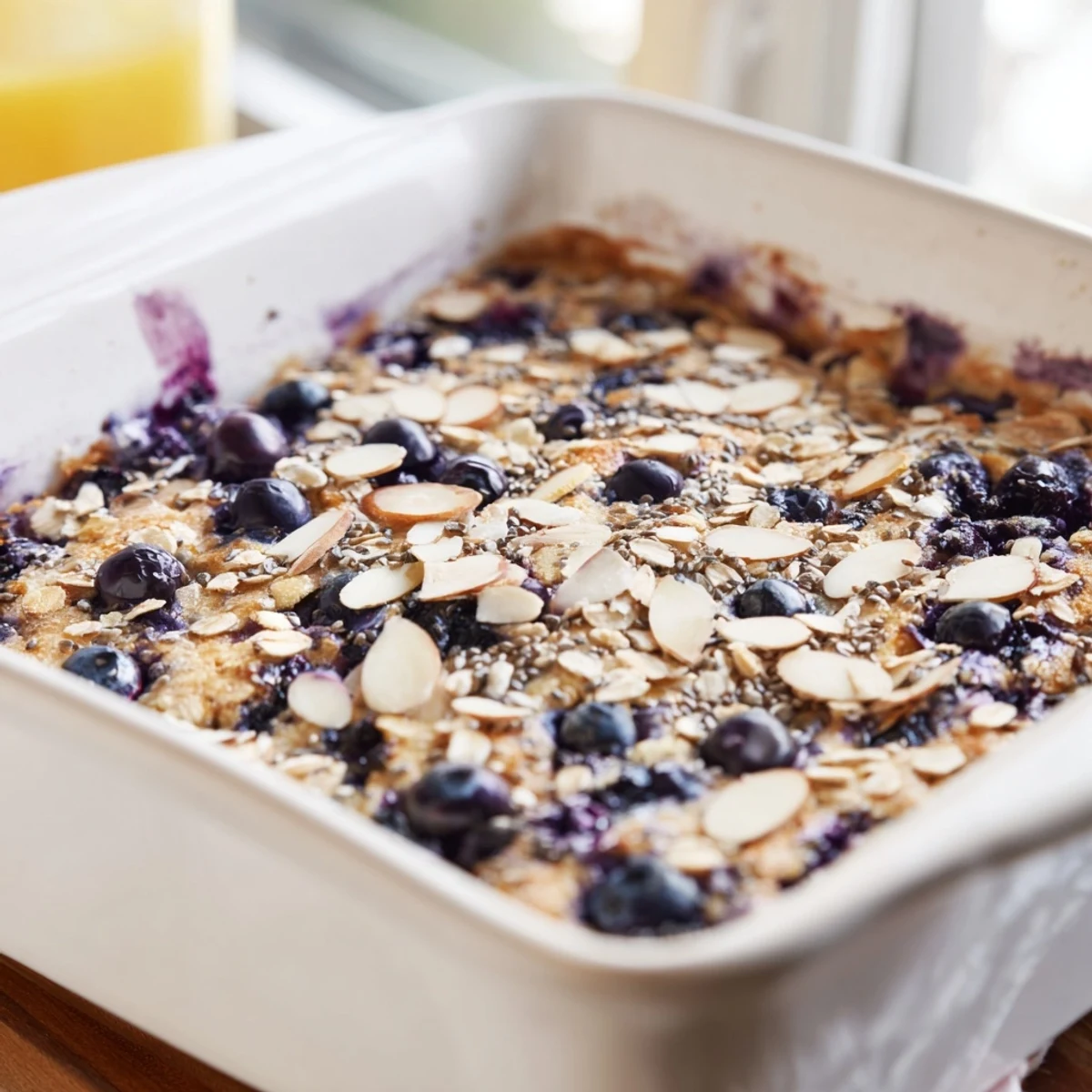 Sliced high protein lemon blueberry breakfast bake showing moist texture with juicy blueberry pockets