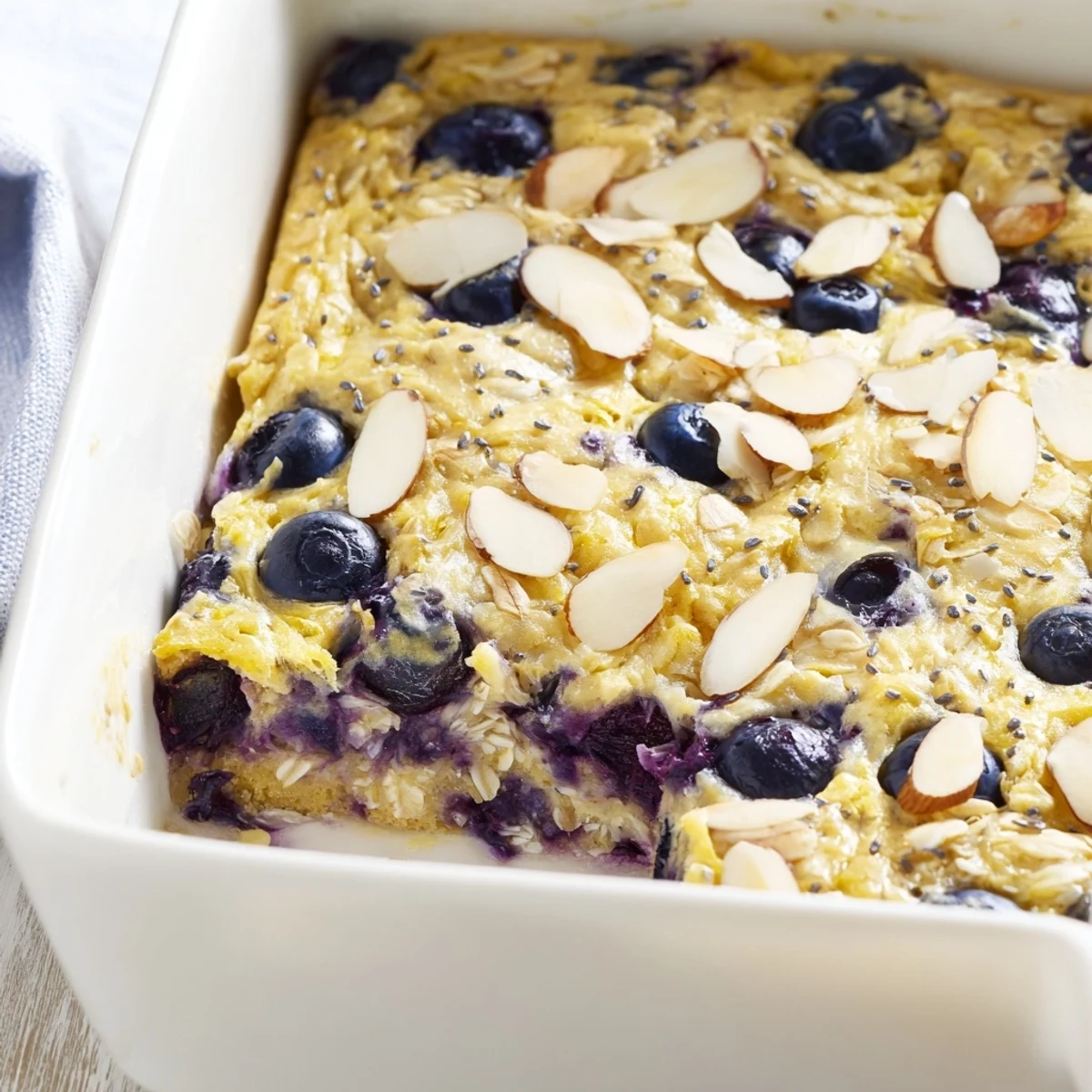Warm high protein lemon blueberry breakfast bake drizzled with honey and sprinkled with chia seeds