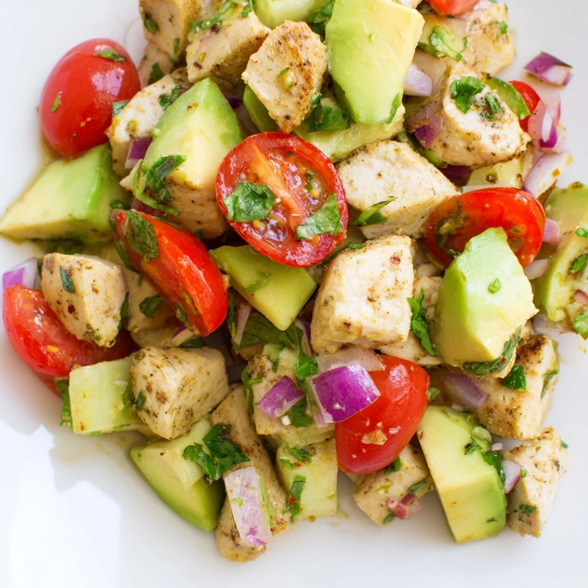 Colorful bowl of Healthy Avocado Chicken Salad topped with fresh cilantro and lime dressing
