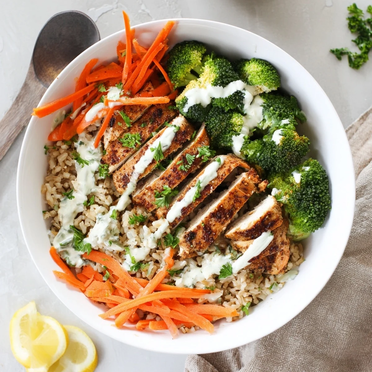 Golden sliced grilled chicken breast atop steamed green broccoli florets with drizzled white garlic sauce