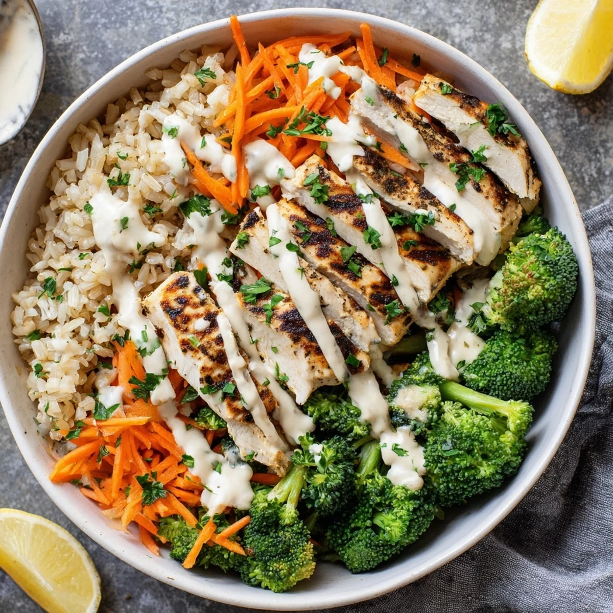 Nourishing bowl featuring tender spiced chicken over fresh vegetables and fluffy grains with creamy yogurt dressing