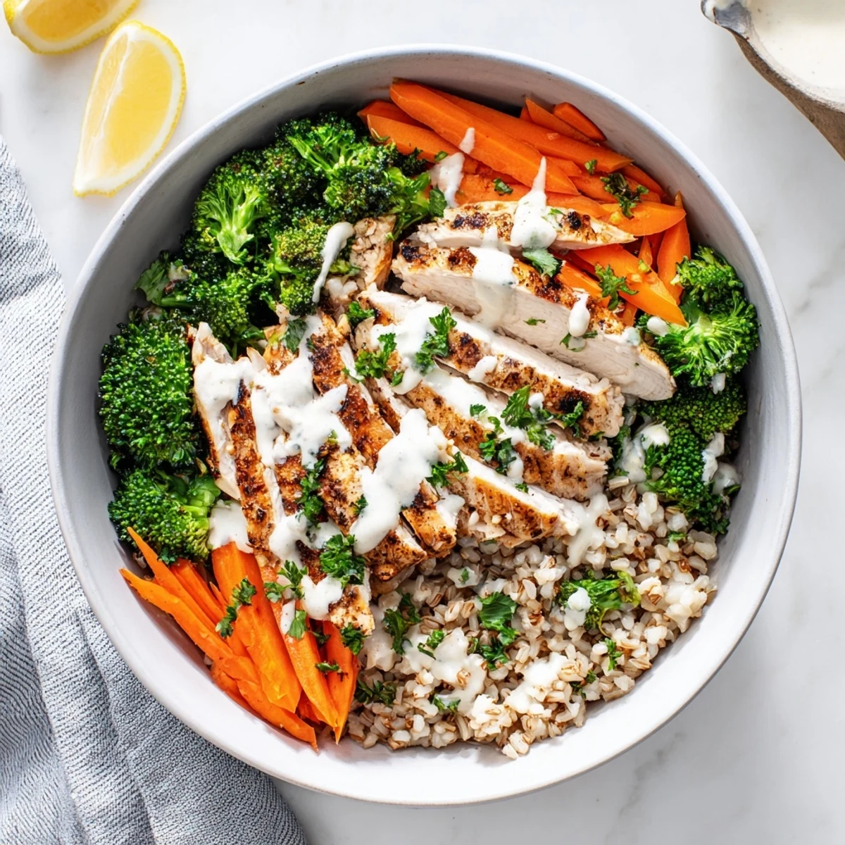 Healthy grilled chicken broccoli bowls topped with rich homemade garlic sauce and bright lemon wedges
