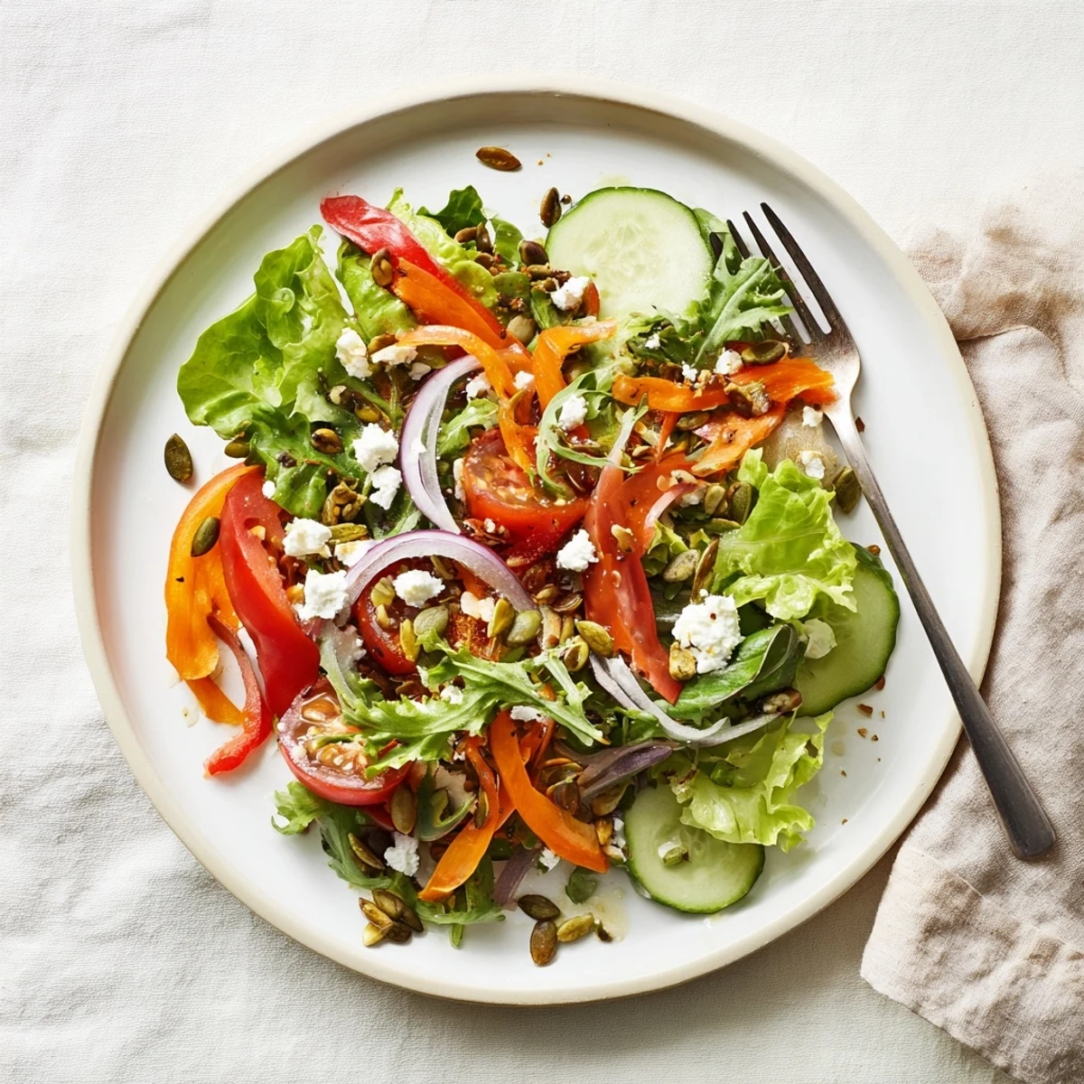 Fresh garden salad bowl with crisp mixed greens, cherry tomatoes, cucumber, and red onion slices drizzled with light vinaigrette dressing
