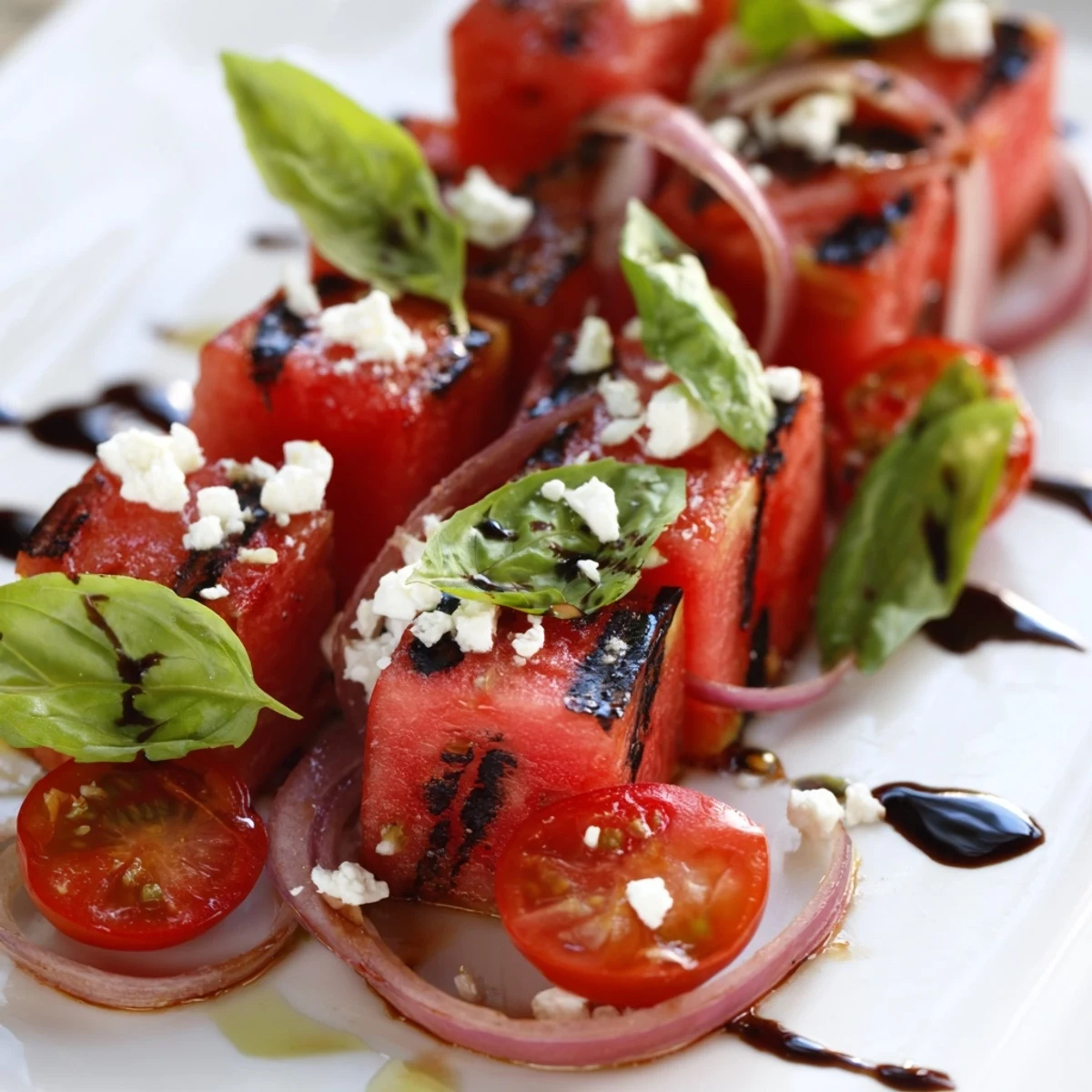 Colorful grilled watermelon feta basil salad plated on white serving dish with char marks