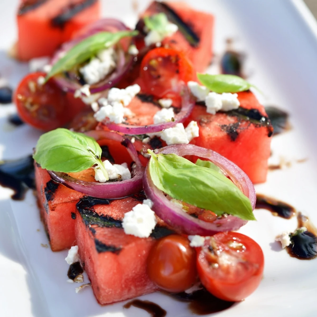 Fresh summer bowl featuring smoky grilled watermelon cubes with crumbled feta and green basil leaves