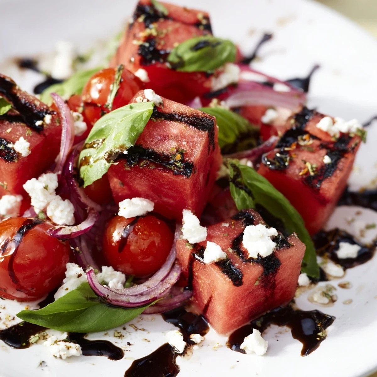 Mediterranean style grilled watermelon salad drizzled with balsamic glaze and topped with salty feta cheese