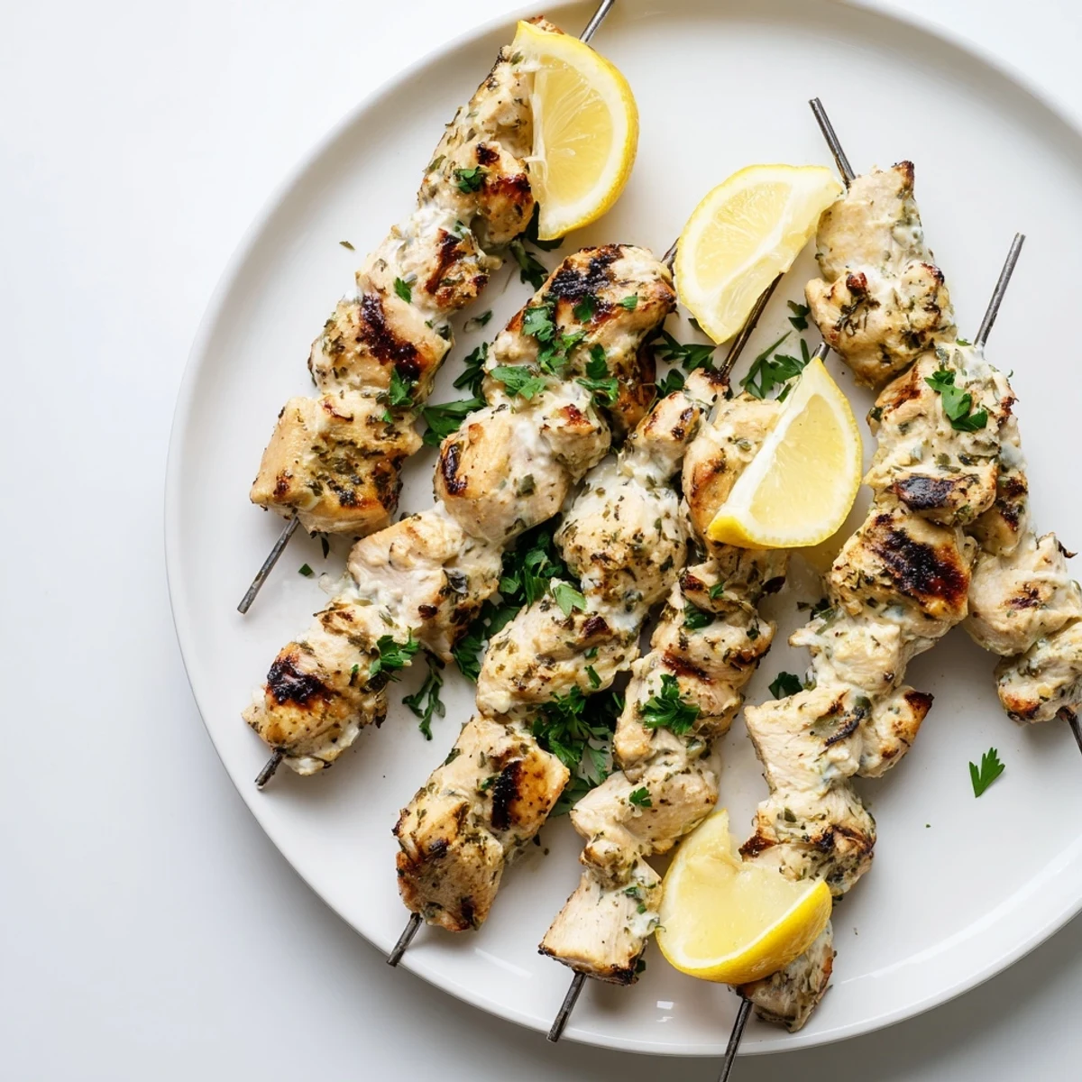 Tender Greek yogurt marinated chicken skewers threaded onto wooden skewers over sizzling grill marks