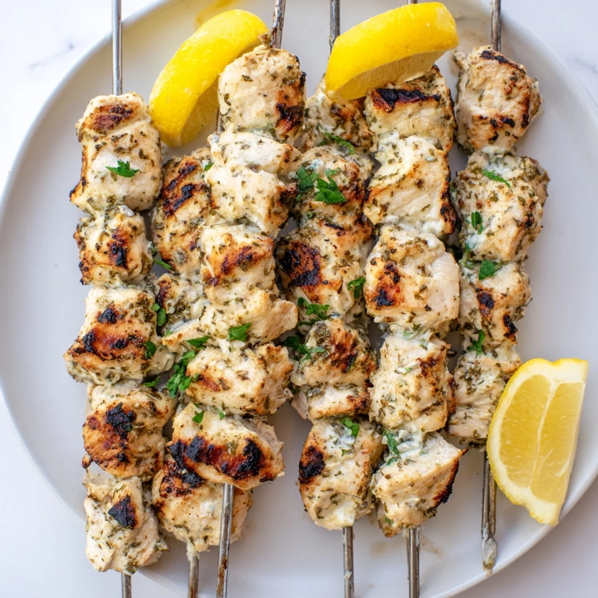 Golden Greek yogurt marinated chicken skewers grilled to juicy perfection with charred edges