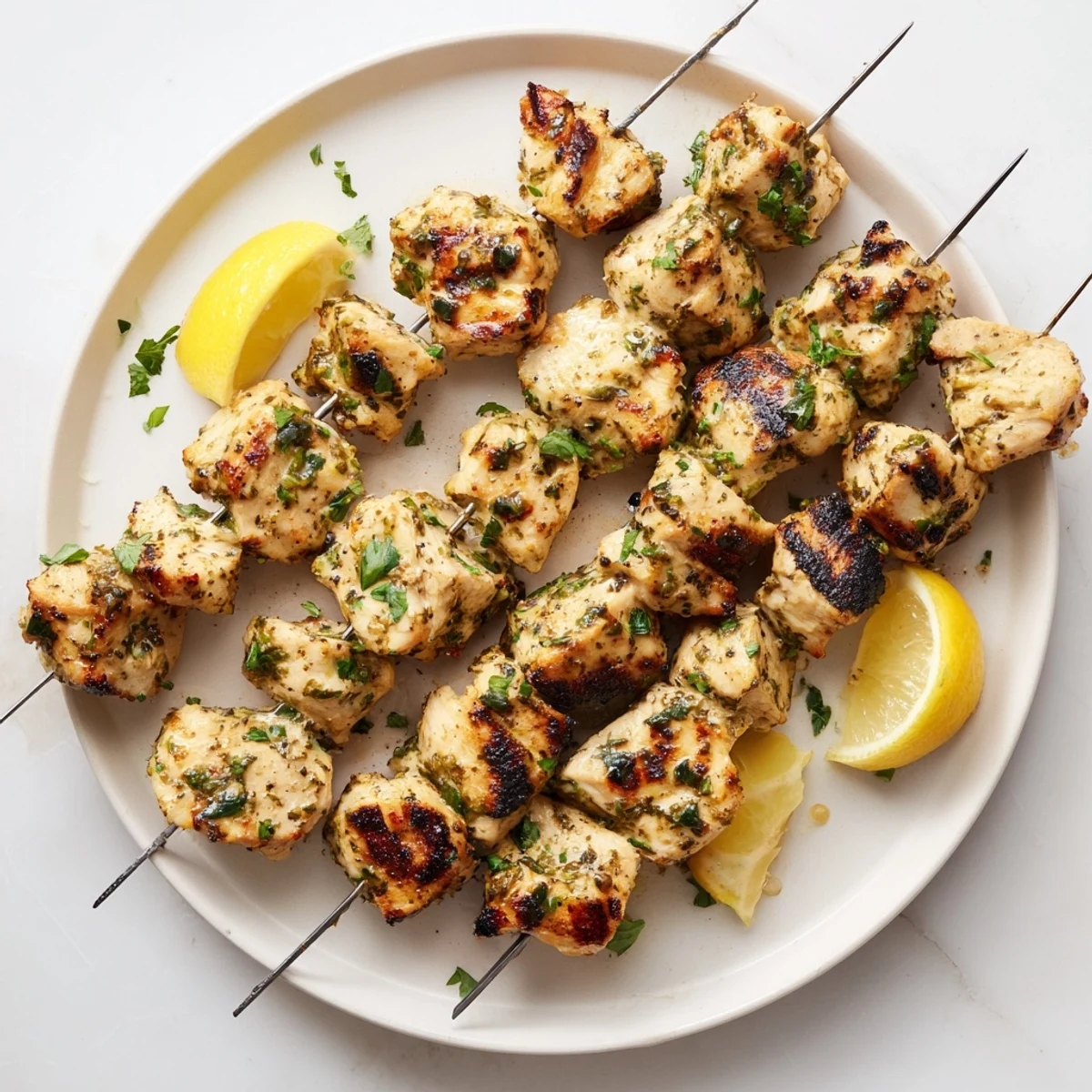 Flavorful Greek yogurt marinated chicken skewers garnished with fresh parsley and lemon wedges