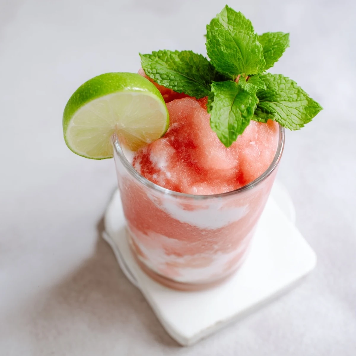 Tall glass of coconut lime watermelon slushie topped with fresh mint and lime wedge