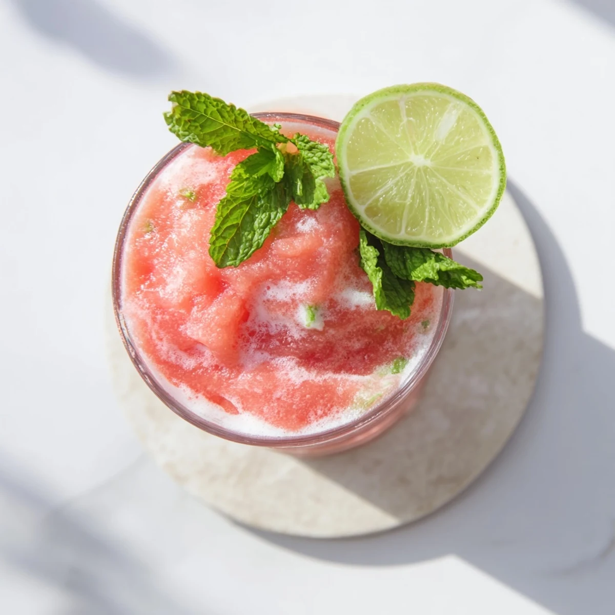 Frozen watermelon blended with creamy coconut milk and zesty lime in this refreshing tropical slushie